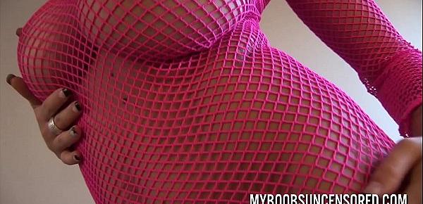  Busty babe Dominno in pink fishnet masturbate with Pink Big Vibrator